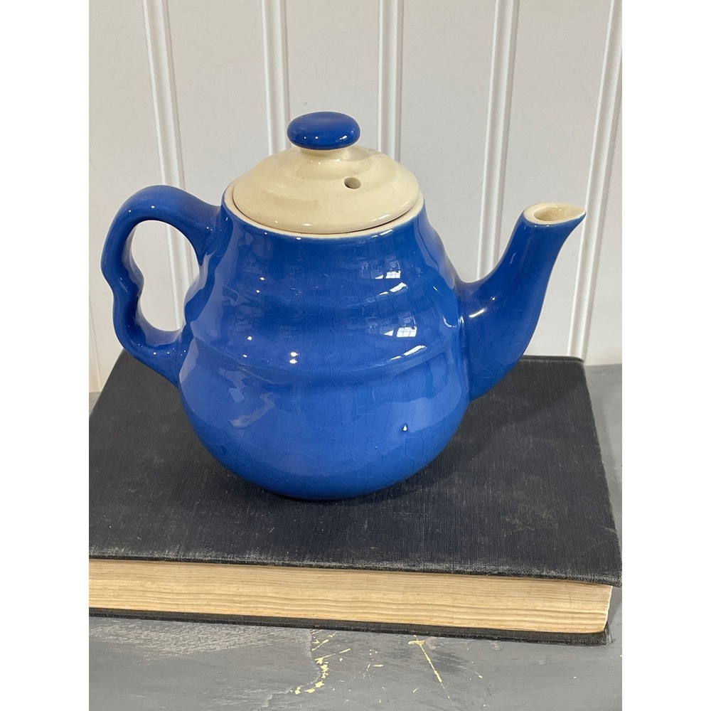 1940-50's Oxford Cobalt Blue Ceramic Teapot with Cream Lid USA Crazed Glaze